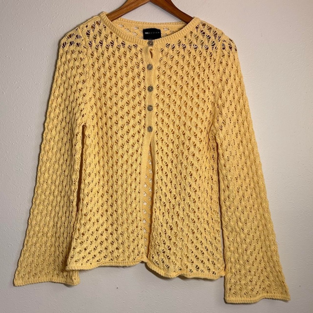 ASOS Open Knit Crochet Butter Yellow Cardigan Size M‎ Bell Sleeve Knit Wear